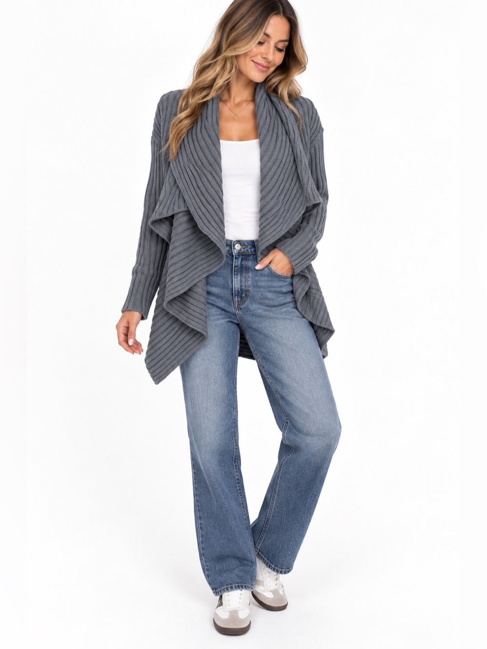 525 America Gray Ribbed Waterfall Open Front Cardigan Sweater M